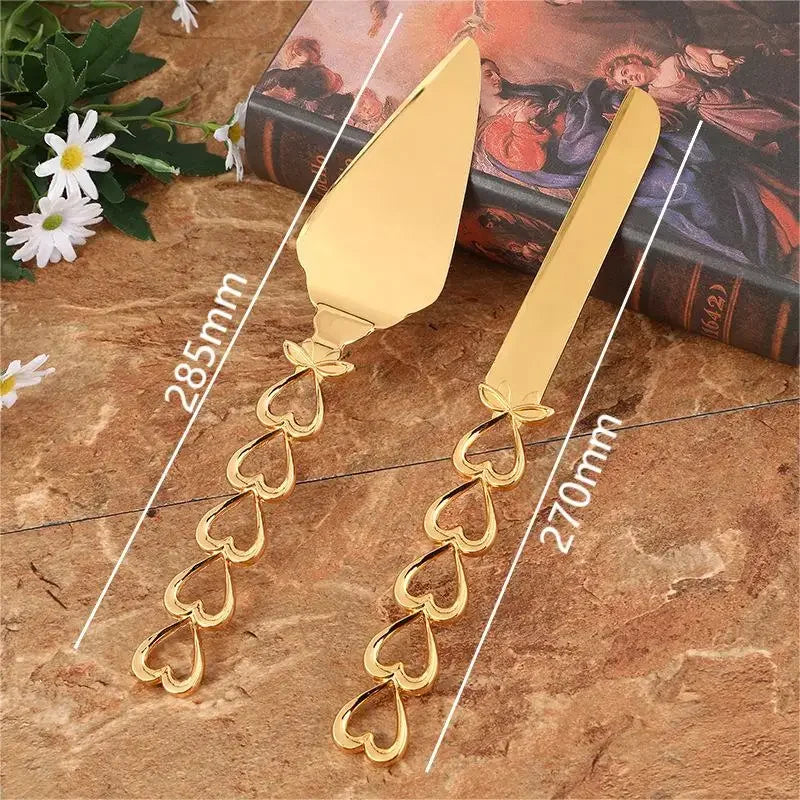 2pcs/set Golden Wedding Cake Knife Pizza Bread Pie Cutting Knife Baking Cake Divider For Baby Shower Birthday Party Baking Tools