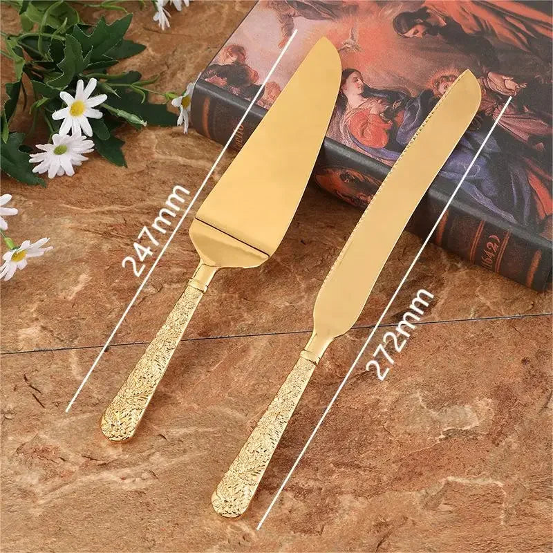 2pcs/set Golden Wedding Cake Knife Pizza Bread Pie Cutting Knife Baking Cake Divider For Baby Shower Birthday Party Baking Tools