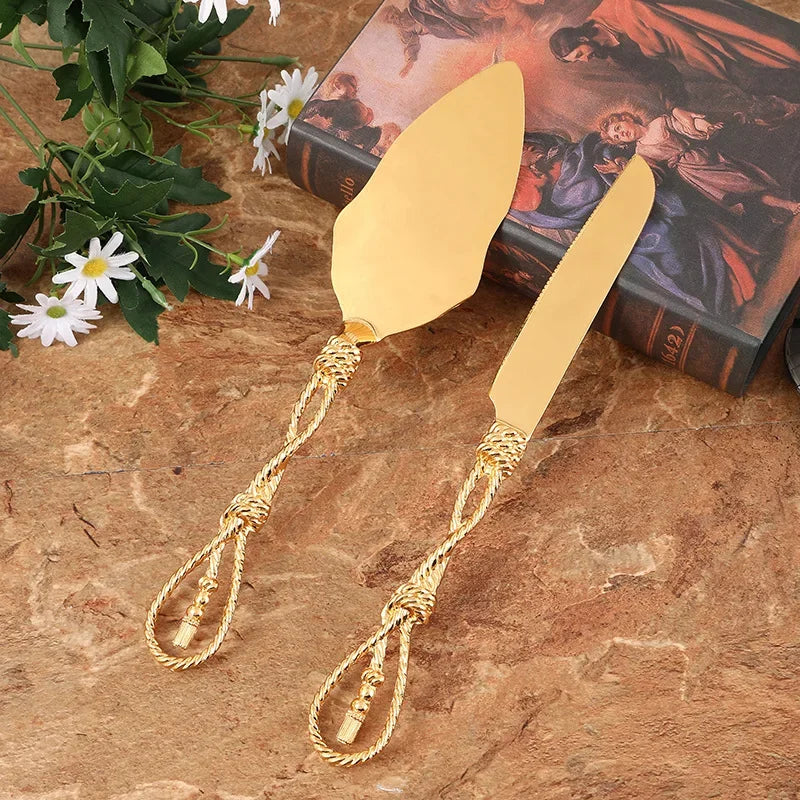2pcs/set Golden Wedding Cake Knife Pizza Bread Pie Cutting Knife Baking Cake Divider For Baby Shower Birthday Party Baking Tools