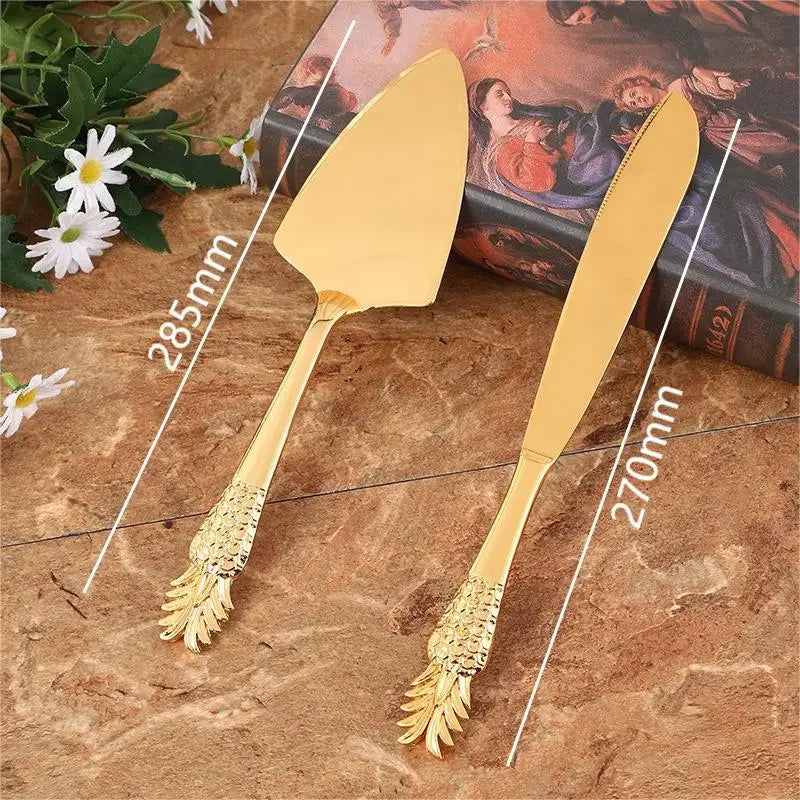 2pcs/set Golden Wedding Cake Knife Pizza Bread Pie Cutting Knife Baking Cake Divider For Baby Shower Birthday Party Baking Tools