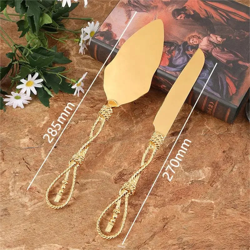 2pcs/set Golden Wedding Cake Knife Pizza Bread Pie Cutting Knife Baking Cake Divider For Baby Shower Birthday Party Baking Tools