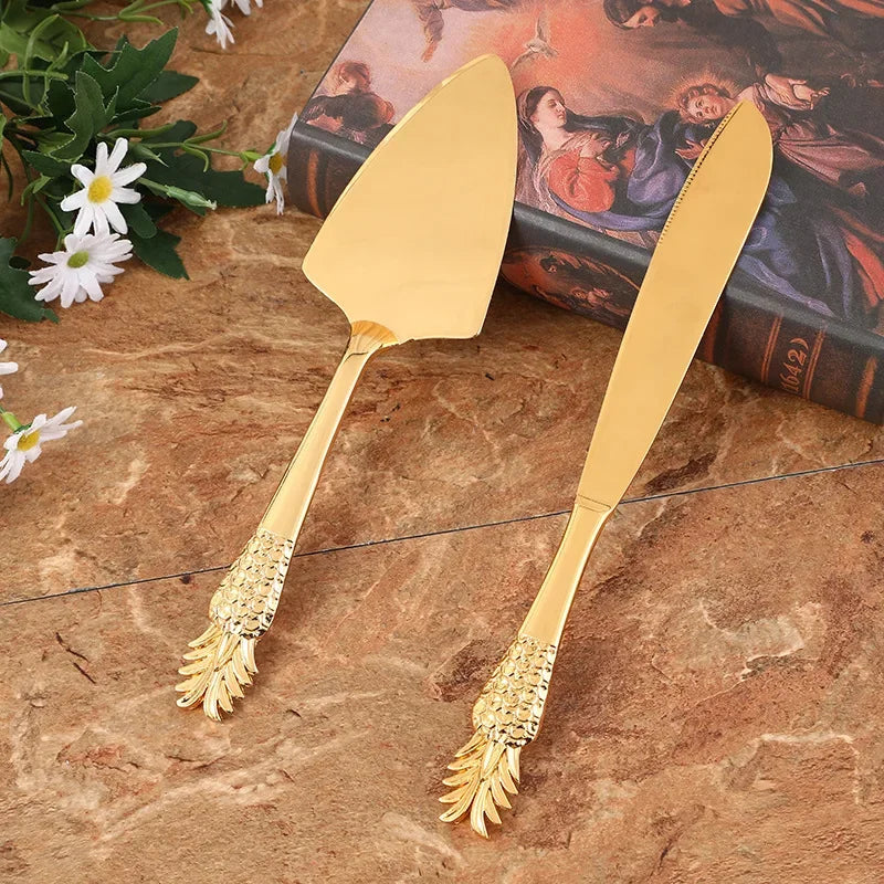 2pcs/set Golden Wedding Cake Knife Pizza Bread Pie Cutting Knife Baking Cake Divider For Baby Shower Birthday Party Baking Tools