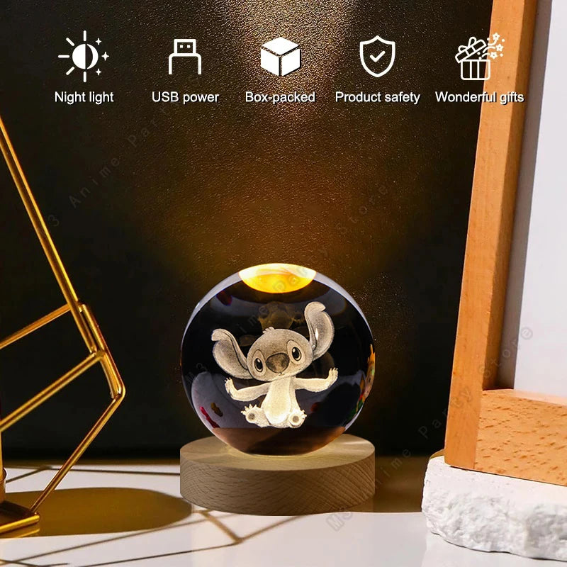 5cm Lilo and Stitch Disney Unique 3D Crystal Ball Lamp LED Luminous Crystal Ball Night Light Glass Children's Birthday Gifts Toy