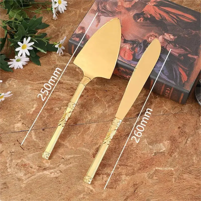 2pcs/set Golden Wedding Cake Knife Pizza Bread Pie Cutting Knife Baking Cake Divider For Baby Shower Birthday Party Baking Tools