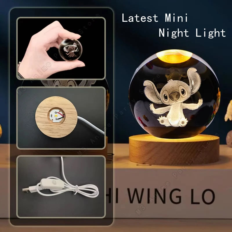 5cm Lilo and Stitch Disney Unique 3D Crystal Ball Lamp LED Luminous Crystal Ball Night Light Glass Children's Birthday Gifts Toy